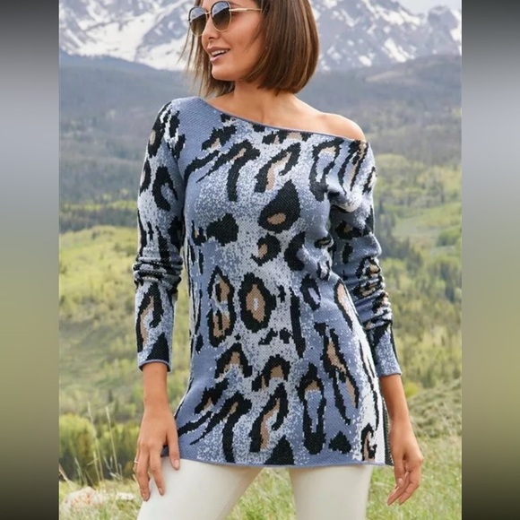 Boston Proper Animal Slouchy Tunic Sweater Blue NWOT - Picture 1 of 4